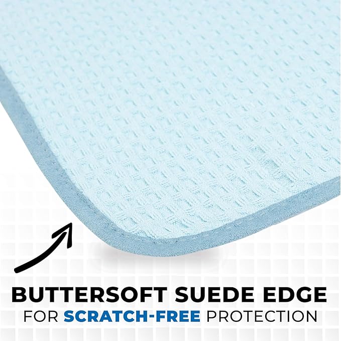 The Rag Company - Dry Me A River - Professional Korean 70/30 Blend, Microfiber Waffle-Weave, Drying & Detailing Towels, Soft Suede Edges, 390gsm, 16in x 24in, Light Blue (3-Pack)
