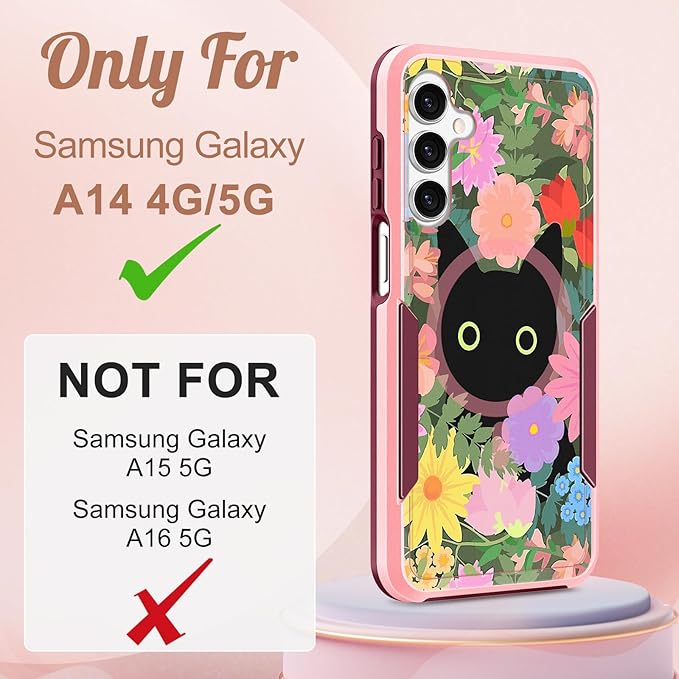 for Samsung Galaxy A14 5G Phone Case - Compatible with MagSafe Women Girls Cute Magnetic Protective Cover Girly Cat Flower Floral Heavy Duty Shockproof Design for Samsung Galaxy A14 5G Cases