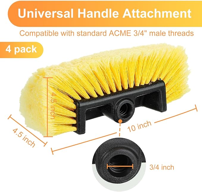 Vesici Car Wash Brush Head with Soft Detailing Bristle Flow Thru Car Cleaning Brush Exterior Car Wash Equipment for Auto Truck RV Boat Camper Washing, 10 Inch(Yellow,4 Pcs)