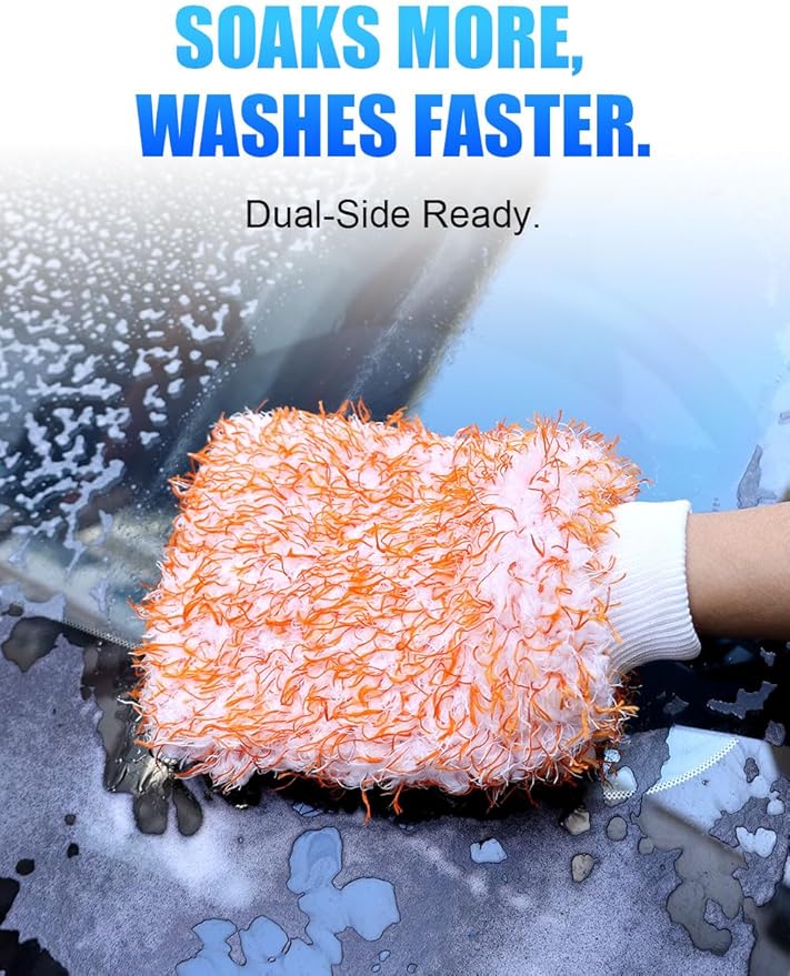 2Pack Premium Microfiber Car Wash Mitt, 10 x 8 Inches, Car Sponge Wrapped in Soft, Machine Washable (Blue & Orange)