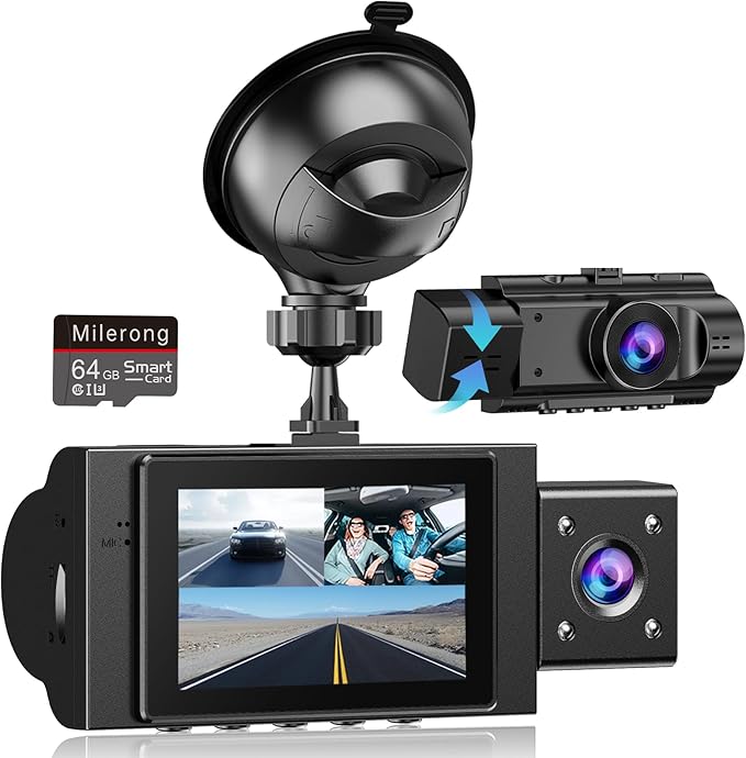 Dual Dash Cam Front and Inside, FHD 1080P Dashcam with 64GB Card, DashCamera for Cars with Night Vision, 24H Parking Monitor, Loop Recording, G-Sensor, WDR, 2.0" Screen for Taxi