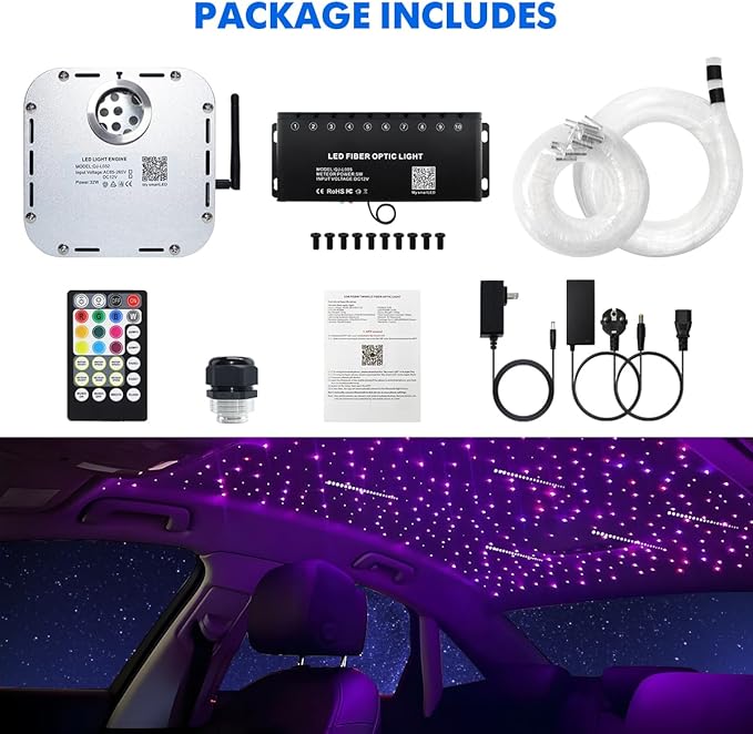AMKI High Power 32W Twinkle 1200pcs 0.03in 13.1ft Fiber Optic Light Starlight Headliner Kit,Pure White Meteor Shooting Star 150pcs Fiber,Sound Mode Starlight Box for Car Movie Theater Home Ceiling