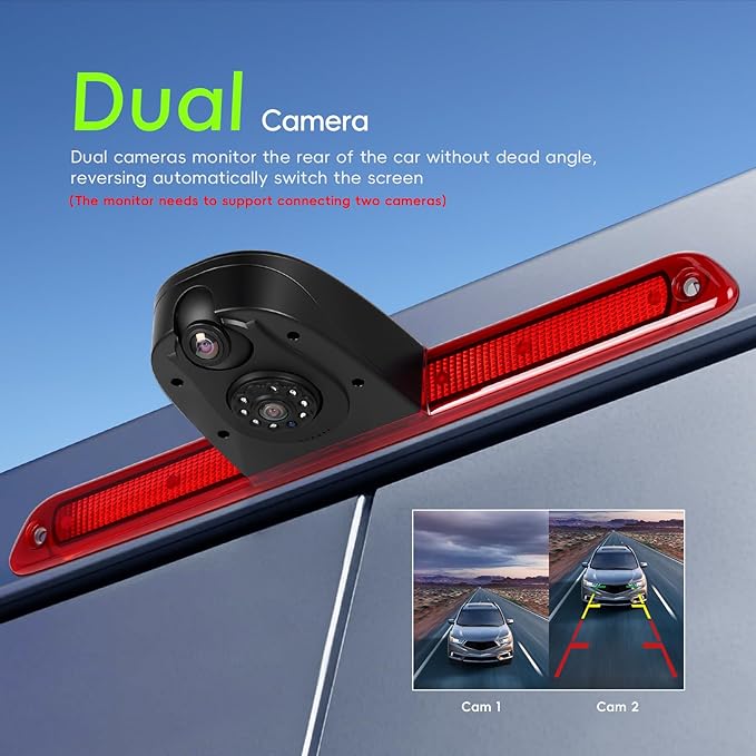 Dual Back Up Rear View Camera for 2007-2019 Mercedes Benz Sprinter Van Parking Assist Reverse Camera AHD/CVBS Night Vision Wide Angle Waterproof Brake Light Roof Mount Cam