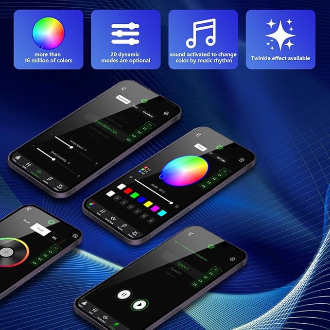 AMKI Updated 4Color Twinkle 36w Starlight Headliner Kits 1300pcs 0.03in 9.8ft Fiber Optic Light Cable 4 Ports Starlight Box App/Remote Control Sound Mode for Car Home Ceiling Decoration