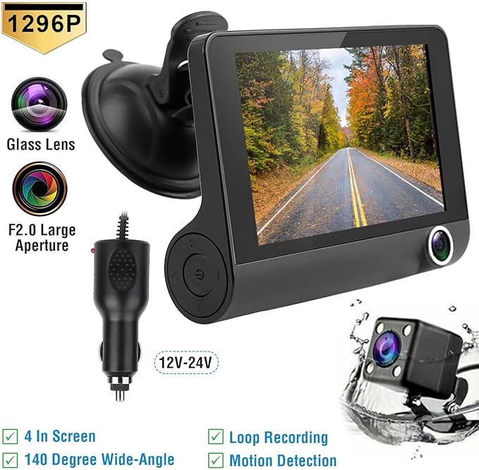 3 Channel Dash Cam Front Rear Inside, 4 inch Screen Dash Camera for Cars, 1296P Full HD Dash Cam Dual Lens Car Dash Camera with Loop Recording, Wide Angle