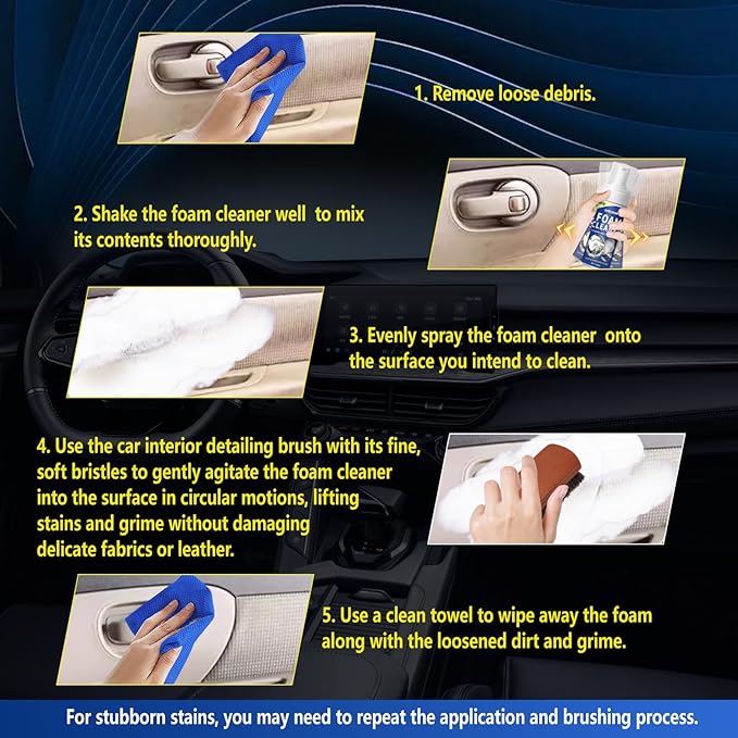SHIELDOM Car Interior Cleaner Kit Multifunctional Foam Cleaner, Clean Cars Seat Carpet Upholstery with Detailing Brush & Towel Deep Inside Cleaning Remove Stain from Leather/Fabric/Vinyl/Plastic - 5oz