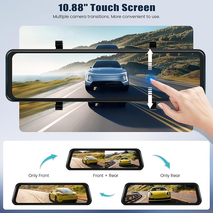 10.88 Inch Mirror Dash Cam,4K Touchscreen Rear View Mirror Front and Rear View Dual Cameras,Night Vision,G-Sensor,APP Control,Motion Detection,Loop Recording,Parking Assistance,Parking Monitor