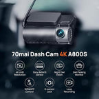 70mai 4K Dash Cam Front and Rear with STARVIS, Dashcam with 5GHz WiFi, GPS Car Camera, Super Night Vision, ADAS, 3'' IPS Screen, 24H Parking Mode, Time-Lapse, Loop Recording, Support 256GB Max (A800S)