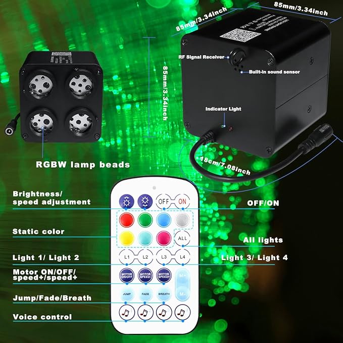 AMKI Updated 4Color Twinkle 36w Starlight Headliner Kits 400pcs 0.03in 9.8ft Fiber Optic Light Cable 4 Ports Starlight Box App/Remote Control Sound Mode for Car Home Ceiling Decoration
