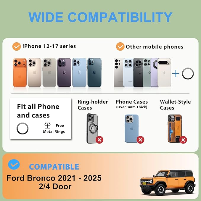 Magnetic Phone Mount for Ford Bronco 2021-2026 2/4 Door, Aluminum Alloy Phone Holder, MagSafe Phone Mount for iPhone 12-17 Series, for Ford Bronco Accessories, OEM Screws Dash Mount Install