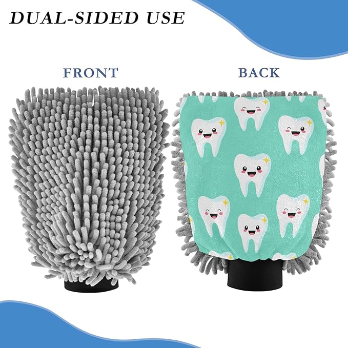 Kigai Cute Cartoon Teeth Car Wash Mitt 2PCS Ultra Absorbent Chenille Microfiber Car Washing Glove Scratch Free Lint Free Wash Sponge Auto Cleaning Glove, 10.2x7.1 inch