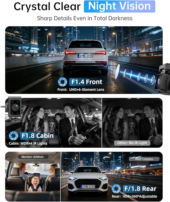 Dash Cam Front and Rear Inside - 3 Channel Dash Cam (4K+1080P+1080P) Built-in 5GHz WiFi APP & 64GB Card - Dashcam with IR Night Vision - Dash Camera for Cars Parking Mode G-Sensor Loop Recording(X7)