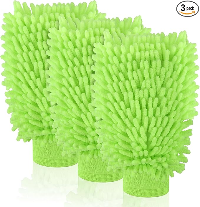 3 Pack Chenille Microfiber Car Wash Mitt, 7" x 9.6" Car Washing Mitts, Home Dusting Gloves, Scratch Free Lint-Free, Highly Absorbent, Double Sided, for Cleaning Detailing Polish (Green)