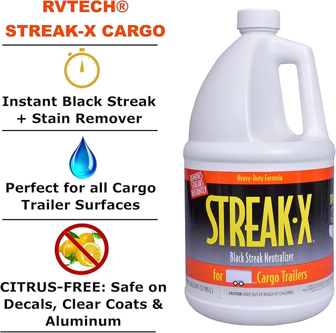 RVTECH Streak-X Cargo + Enclosed Trailers Instant RV Black Streak Remover - Race Hauler Stain Smoke Soot Bird Dropping Sap Brake Dust Tar Pro-Strength Cleaner Wash | 1 Gallon