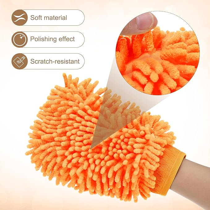 HARFINGTON Premium Chenille Microfiber Car Wash Mitts 9.8" x 7.9" Scratch Free Wash Gloves Absorbent Double Sided Plush Cleaning Drying Mitts for Car Washing Home Orange Yellow
