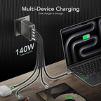 Mfish E-Rhino 140W USB-C Charger, True PD 3.1 GaN Fast Charger, 4-Port (3 USB-C + 1 USB-A) Foldable Plug Power Adapter for MacBook Pro 16”, iPhone 17/16, iPad, Galaxy, Tablet, Laptop, Grey