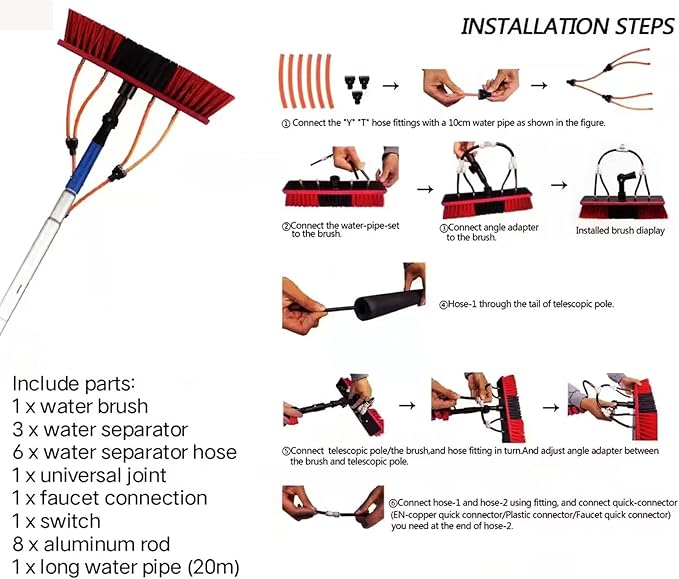12ft-36ft Water Fed Pole Kit with Telescopic Brush for Window Cleaning, Car Wash & Solar Panels - Includes 20m Hose for Home & Commercial Use