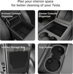 Center Console Organizer Tray for Model Y Juniper 2025 2026 & Model 3 Highland (2024-2026), Double-Layer Sliding Hidden Armrest Storage Box, Tesla Accessories (Matte Black)