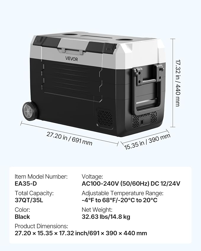 VEVOR Car Refrigerator, DC 12/24V AC100-240V Compressor Electric Cooler, -4°F to 68°F Truck Refrigerator with APP Control, Wheels & Dual Zone, 37 QT Cars Cooler for RVs, Boats, Camping, Fishing