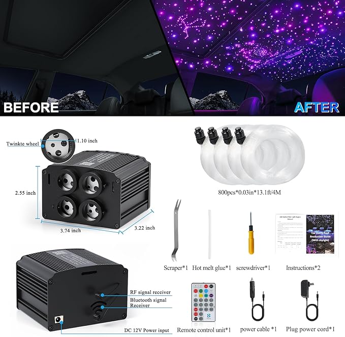 4 Colors 32W Twinkle Starlight Headliner Kit for Car Home with APP&RF Remote,RGBW 800pcs*0.03in*13.1ft Cables Fiber Optic Star Sky Roof Lights,4 Port Engine Sound Activated Car Ceiling Star Lights