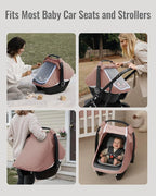 Blissful Diary Baby Car Seat Cover, Extra Large Mesh Window, Breathable Muslin Cotton, Infant Windproof Canopy-Dusty Pink