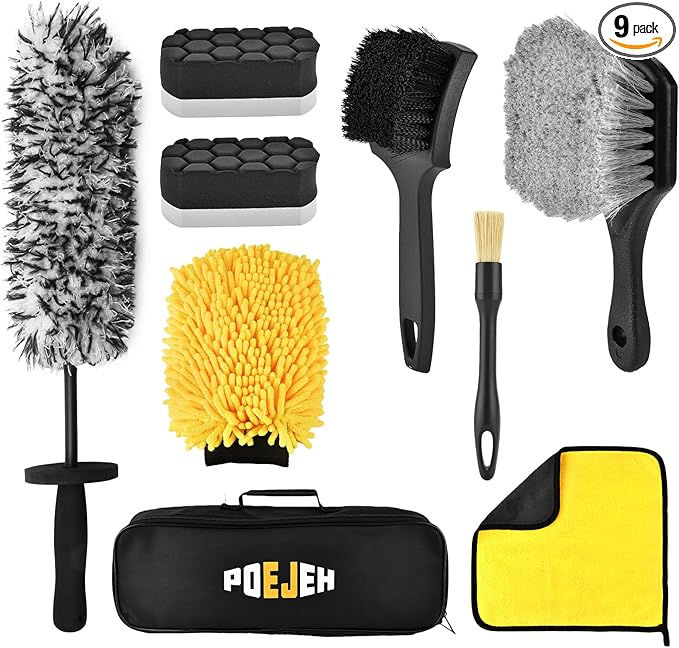 9-Piece Car Cleaning Kit - Waterproof Glove, Dual-Hardness Brushes, Flat Rim Brush & Absorbent Towel | Scratch-Free for All Vehicles, Gift for Car Enthusiasts