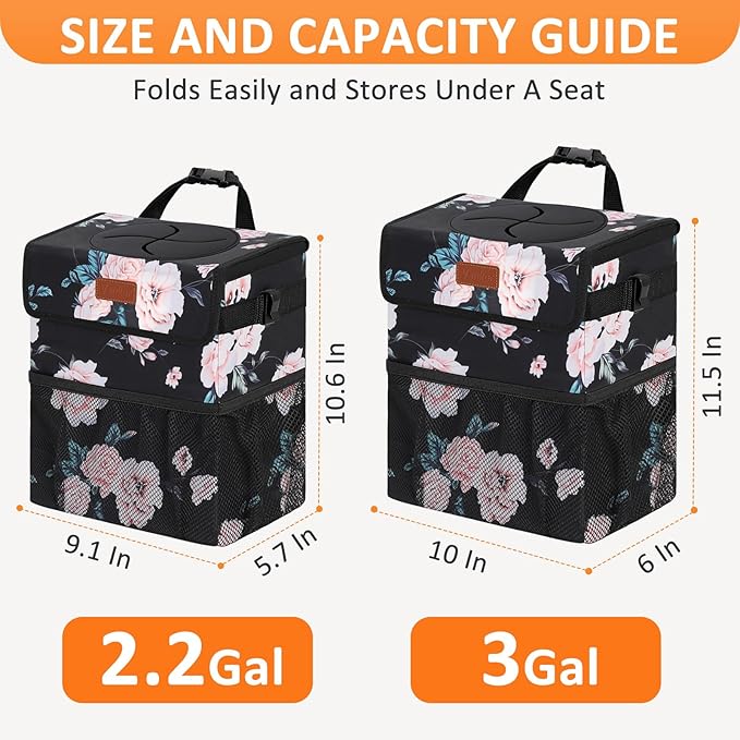 Vankor Car Trash Can for Car Cute,Bag Bin Hanging Waterproof Automotive Garbage Cans Leak Proof Vehicle Trash Can Black Floral