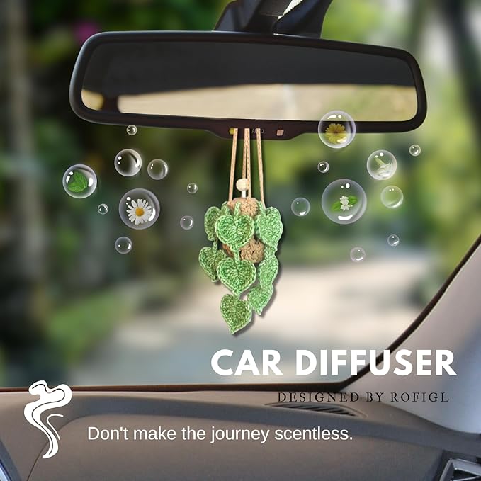 ROFIGL Handmade Crochet Hanging Car Air Freshener- Lifelike Green Pothos for Hanging with 12ml Thick Refillable Glass Diffuser Bottle, Suitable Decor for Car Rearview Mirror, Home & Wellness Spaces