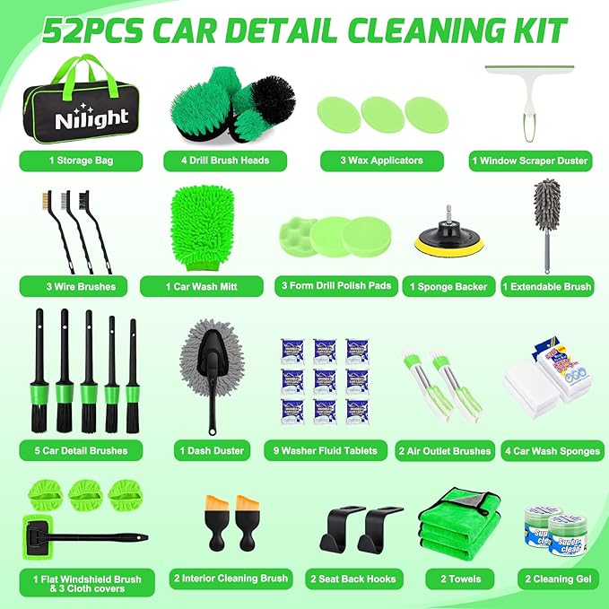Nilight 52PCS Car Detailing Kit Auto Cleaning Tools Wash Set with Storage Carry Bag Home Use for Interior Exterior Deep Clean Polish Car Care Windshield Dashboard Seat Air Vents Wheels Tires, Green