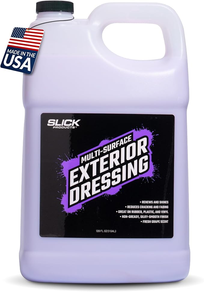 Slick Products Multi-Surface Exterior Dressing – Restores, Protects & Shines Vinyl, Rubber & Plastic – Non-Greasy Silky Finish with Fresh Grape Scent – 128 oz.