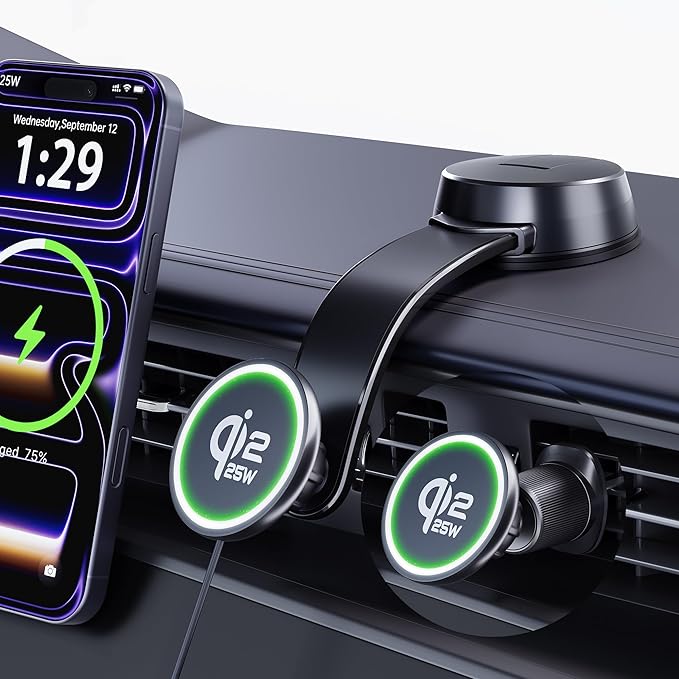 Upgrade [for Qi2.2-Certified] 25W for MagSafe Wireless Car Charger Mount, 2XFast Charging[90+LBS Safe Suction] Magnetic Phone Holder Dashboard Windshield for iPhone 17/16/15/14/13/12 Pro Max,Black