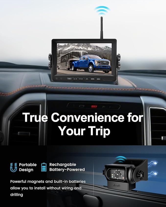 EWAY 2X Magnetic Wireless WiFi Backup Camera 7" IPS Monitor HD 1080P Rechargeable Battery No Wiring, Rear Reverse Monitoring Hitch Camera for Car Truck Pickup RV Camper 5th Wheel Horse Boat Trailer
