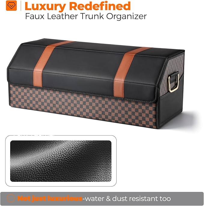 Fyzeoty Car Organizers and Storage - Trunk Organizer for Suv Car,Car Trunk Leather Storage Box,Extra Large,Magnetic Lid,Collapsible and Adjustable