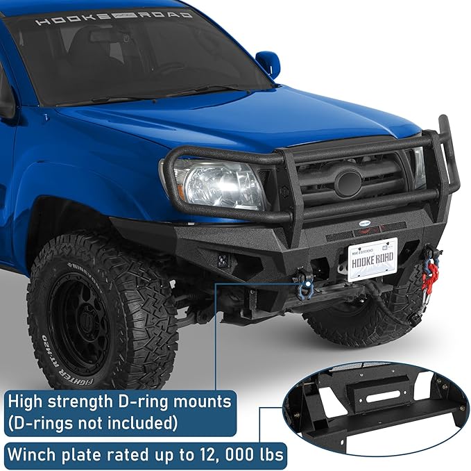 Hooke Road Tacoma Front Bumper Grille Brush Guard for 2005-2011 Toyota Tacoma 2nd Gen Pickup, Steel Push Bull Bar with Winch Plate & LED Lights, Full-Width Off Road Protection