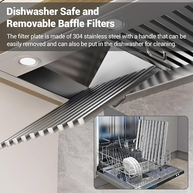 CHETTO C Range Hood 54 Inch Ultra Quiet, Powerful Suction 304 Stainless Steel Ducted Kitchen Vent Hood with 4-Speeds, Dishwasher Safe Baffle Fillters, 8" Top Vent (54 inch Stainless steel)