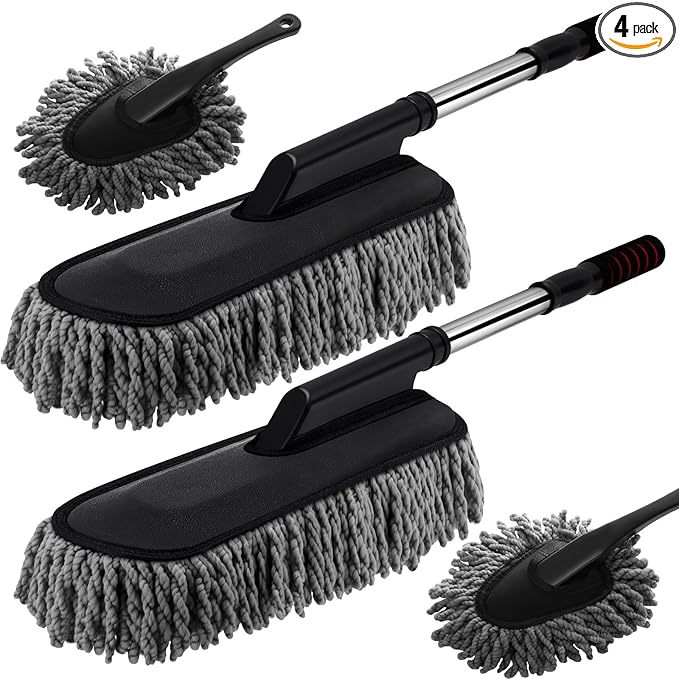 Tanlade 4 Pack Microfiber Car Duster Exterior Scratch Free with Extendable Handle Auto Duster Exterior Dust Cleaning Tools for Car Brush for Cars Truck Bike RV Boats Motorcycle (Gray)