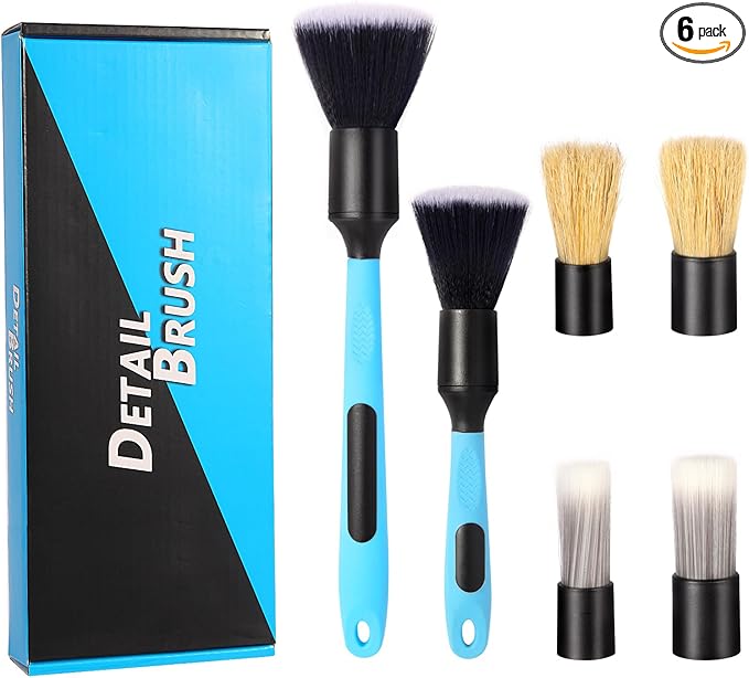 Car Detailing Brush Set, 6 Pack Soft Mixed Hair Auto Detail Brush Kit No Scratch for Automotive Elegant Surface Interior Exterior Dashboard Emblems Panels Engine Bay Wheels Air Vent Seat Leather