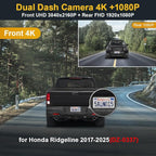 Fitcamx Front 4K+Rear 1080P Dash Cam for 2017-2025 Honda Ridgeline (DZ-0337) RT RTS RTL Trail Sport Black Edition, OEM Look, Dual Loop Recording, WiFi & APP, G-Sensor, Easy to Set, 128GB Card