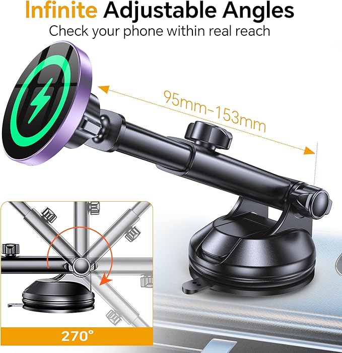 Coolpow for MagSafe Car Mount Charger【Ultra Magnet】 Magnetic Phone Holders for Your Car Charger【Windshield+Vent+Dash】 Magnetic Wireless Car Phone Holder Charger Car Mount for iPhone 17 (Purple)