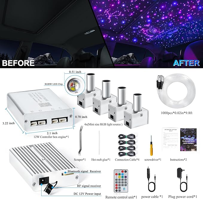Split 4 Colors 12W Car Starlight Headliner Kit 1000pcs*0.02in*9.8ft with APP&RF Remote,RGBW Fiber Optic Strands Star Roof Lights,4 Port Engine Sound Activated Star Ceiling Lights for Car/Home Decor