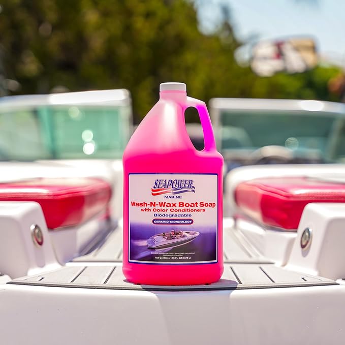 Marine Seapower Wash-N-Wax Boat Soap - Highly Concentrated Carnauba Wax - Ceramic Formulation - Delivers a Deep Clean & Glossy Protected Finish - pH Neutral Formula - Cherry Scent, 1 Gallon (128 oz)
