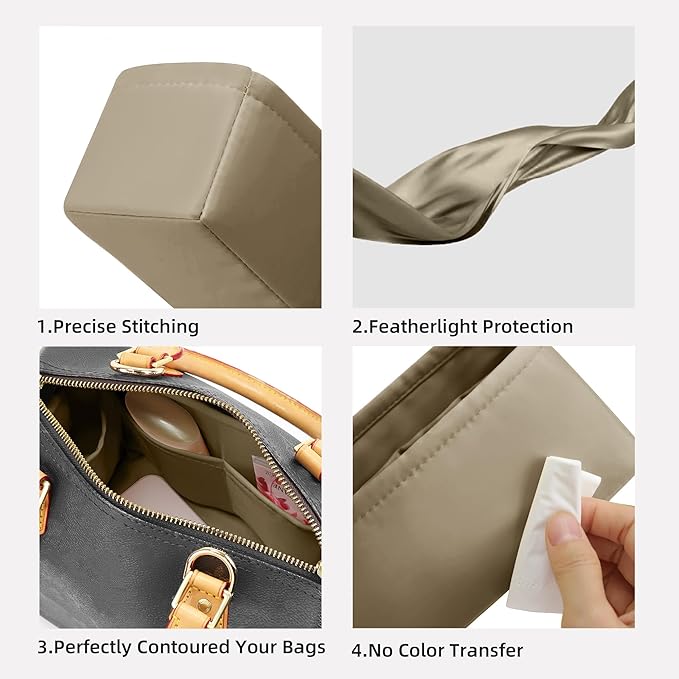 DGAZ Silk Purse Organizer Insert Fits LV Speedy 16/20/25/30/35/45 bags，Silky Smooth Bag Organizer，Luxury Handbag & Tote Shaper（Etoupe grey，SP20）