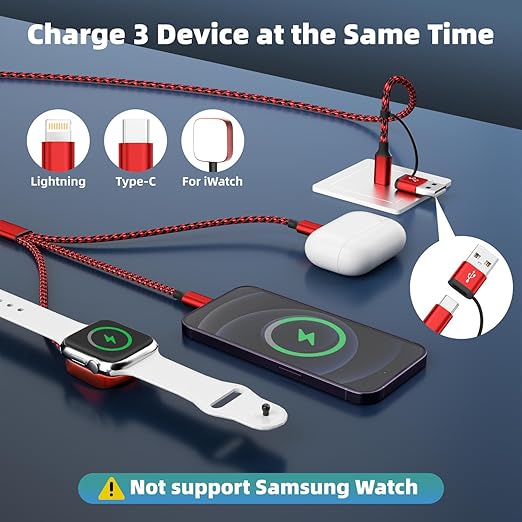 Travel Essentials 3in2 Multi Charging Cable for iPhone Watch Charger,USB A/C to Type C/IP/iWatch charger,Travel Chargers for Multiple Devices Compatible with iWatch Series&iPhone 16-12（2PACK,5FT）