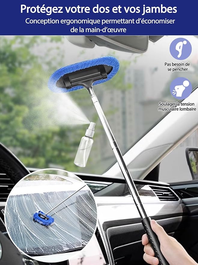 3 in 1 Car Windshield Cleaner Tool 40”Car Rearview Mirror Wiper Squeegee Wash Brush Extra Large Washable Microfiber Pad Extendable Handle Auto Window Glass Cleaning Kit Interior Exterior Dusting