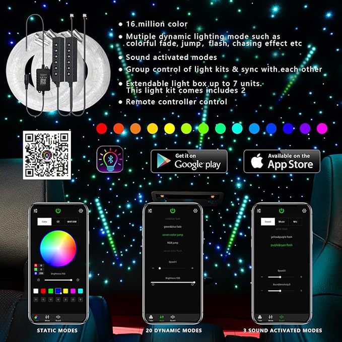 AKEPO Car Home Use MIni Size 6-Hole 3.2W RGB Colorful Fiber Optic Light Kit, 9.8ft 600pcs*0.75mm/0.03in Optical Fiber APP Control Mixed Color Chasing Timer Function Starlight Headliner Light
