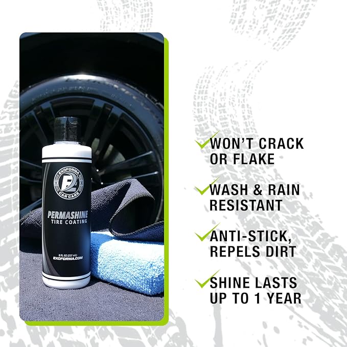 ExoForma PermaShine Tire Coating & Dressing - Extreme High Shine & Durability - Long-Lasting Acrylic Anti-Stick No-Sling Protection - Won’t Wash Off - Dries Fast to the Touch - 8 fl oz
