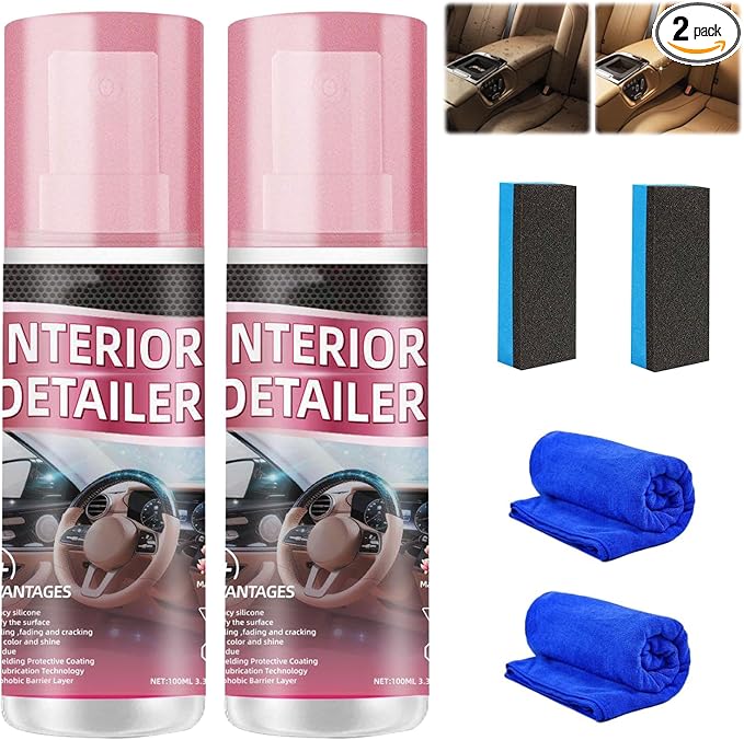 2Pcs Car Interior Cleaner, New Polishing Cleaner, All Purpose Car Interior Detailer Spray, Interior Detailer Spray Suitable for Cleaning Rubber, Plastic, Leather Surfaces Inside the Car (2*100ML)