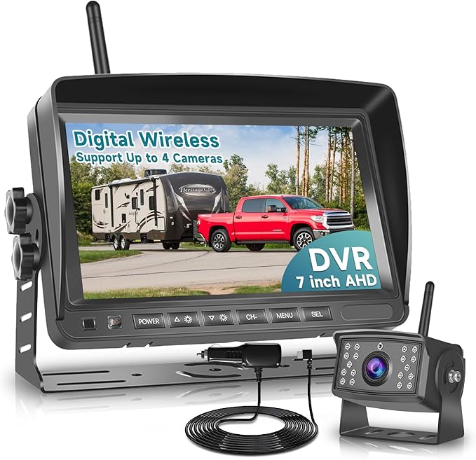 RV Wireless Backup Camera, 7" IPS Monitor +AHD Rear View Camera,Support Up to 4 Cameras DVR Image Flip, Wireless Back Up Camera 12V-36V for Truck/Trailer/RV/Camper/Excavator/Caravan