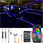 Car Ambient Lighting Optic Fiber 64 Colors Music Sound Active with RF Remote Control + APP Control Car Decorative Atmosphere Lighting Kit DC 12V 1W 3m