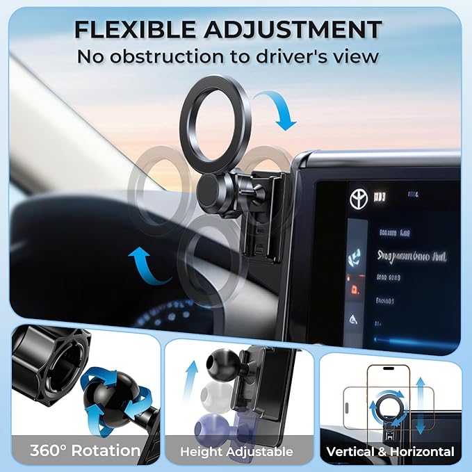 Car Phone Holder for Toyota BZ4X & Subaru Solterra 2026 2025 2024 2023 (Only for 8/12.3-Inch Screen) 360° Rotation Magnetic Cell Phone Mount, Compatible with Magsafe, Does Not Affect Air Vent